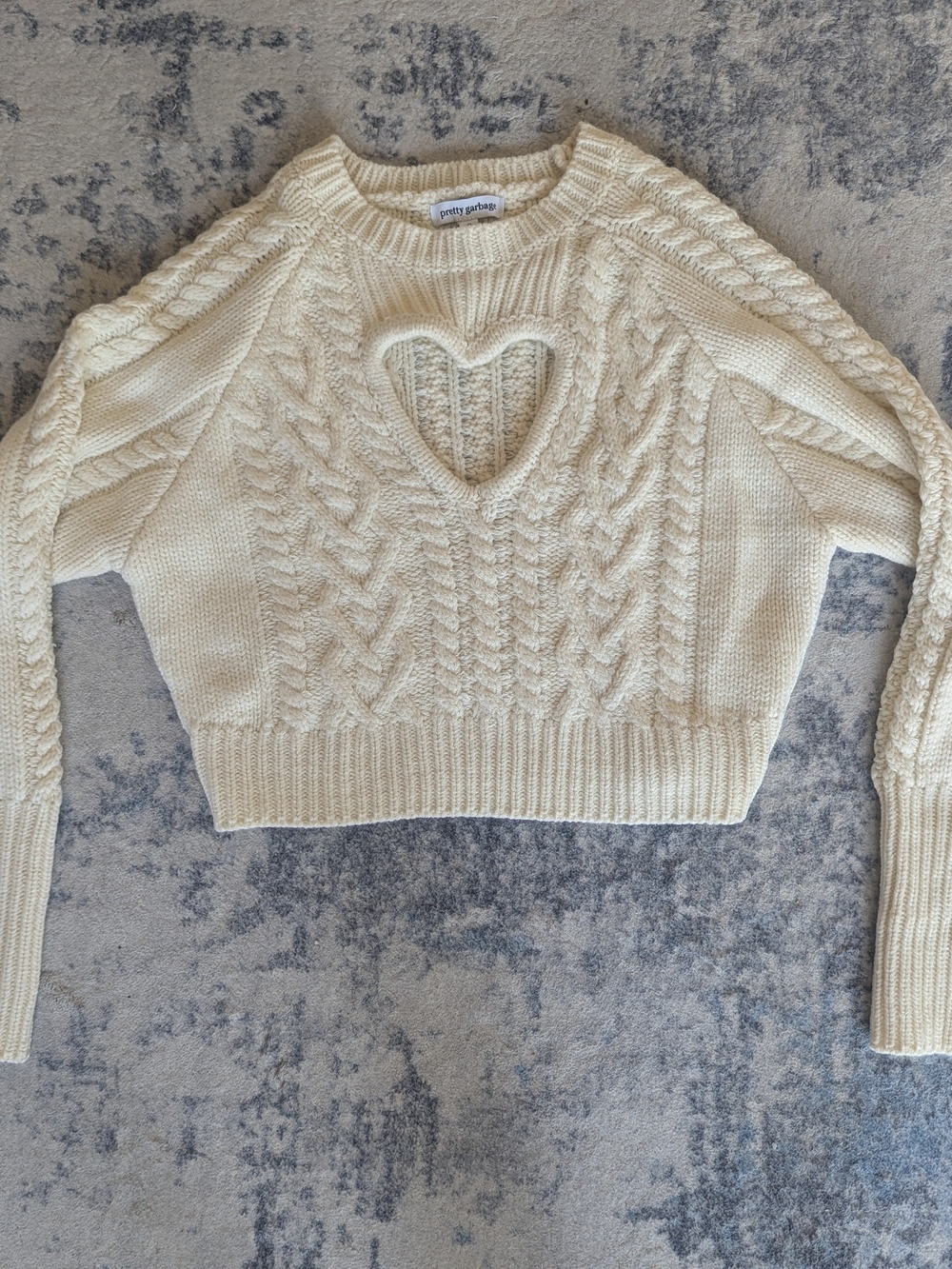 Pretty Garbage Cream Cable Knit Heart Cutout Crop Sweater - Picture 2 of 5